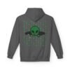 Green Alien Portal Hoodie features a green alien popping out of a black hole smoking a blunt. weed pattern behind alien