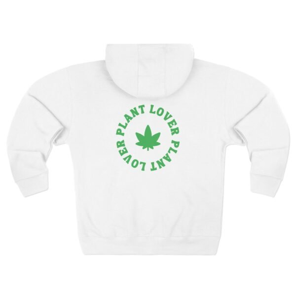 This plant lover zip up features a weed leaf with the words plant lover written around it.