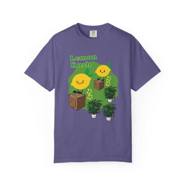 This Lemon Kush T-shirt features two weed leaves two lemons standing on boxes squirting lemon juice on weed plants like they are peeing on them. "Lemon Kush is written above the lemons with a green background.