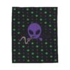 Purple Alien Portal blanket features a purple alien popping out of a black hole smoking a blunt. weed pattern behind alien