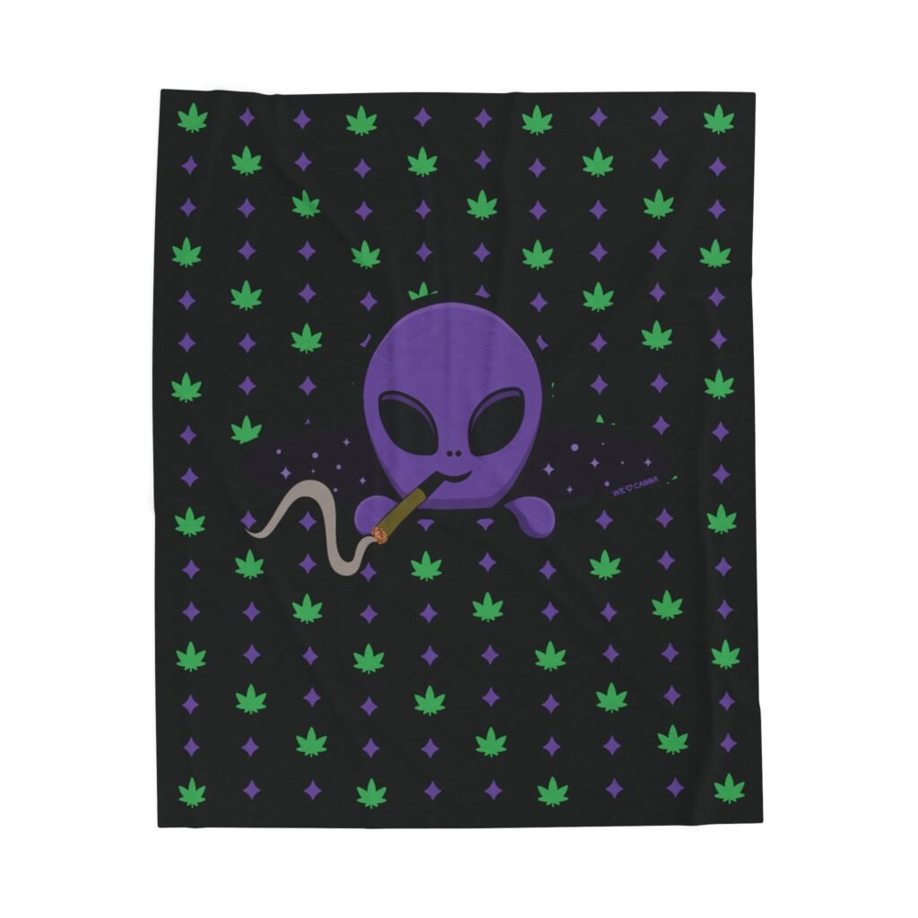 Purple Alien Portal blanket features a purple alien popping out of a black hole smoking a blunt. weed pattern behind alien