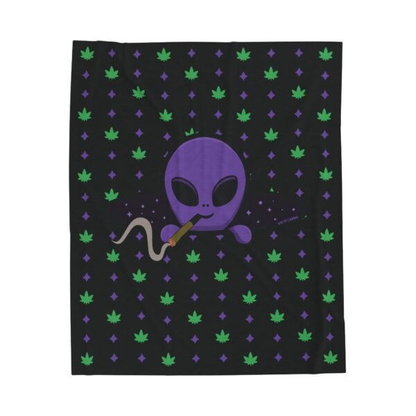 Purple Alien Portal blanket features a purple alien popping out of a black hole smoking a blunt. weed pattern behind alien
