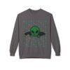 Green Alien Portal Sweatshirt t features a green alien popping out of a black hole smoking a blunt. weed pattern behind alien