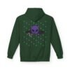 Purple Alien Portal zip up features a purple alien popping out of a black hole smoking a blunt. weed pattern behind alien
