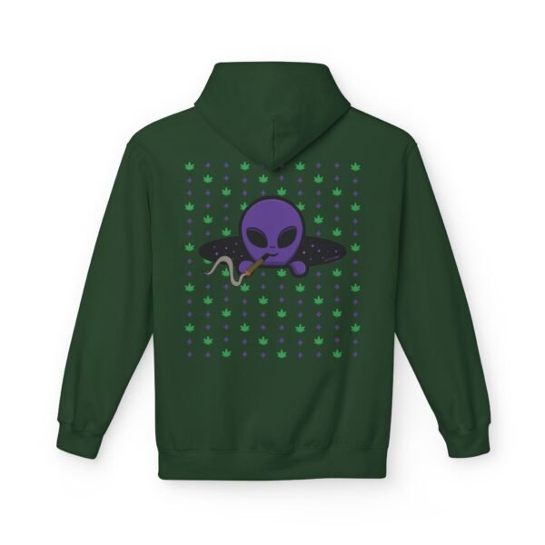 Purple Alien Portal zip up features a purple alien popping out of a black hole smoking a blunt. weed pattern behind alien