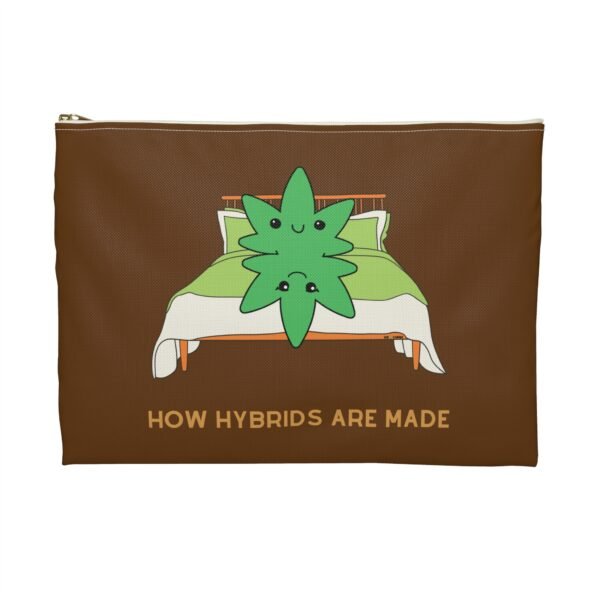 Back, Large, White zipper (1) This how hybrids are made accessory pouch features two weed leaves laying in bed on top of each other with "How Hybrids Are Made" written below