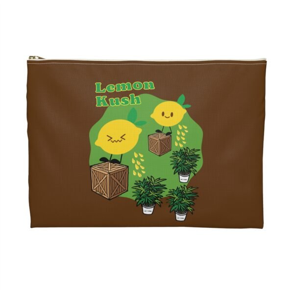 This Lemon Kush accessory pouch features two weed leaves two lemons standing on boxes squirting lemon juice on weed plants like they are peeing on them. "Lemon Kush is written above the lemons with a green background.