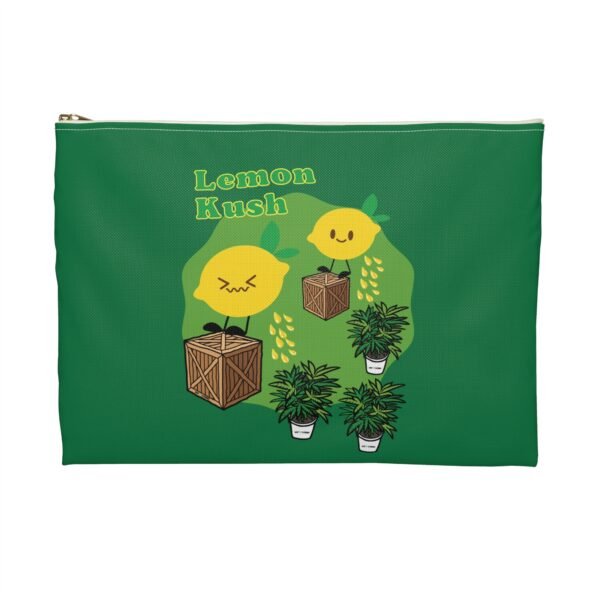 This Lemon Kush accessory pouch features two weed leaves two lemons standing on boxes squirting lemon juice on weed plants like they are peeing on them. "Lemon Kush is written above the lemons with a green background.
