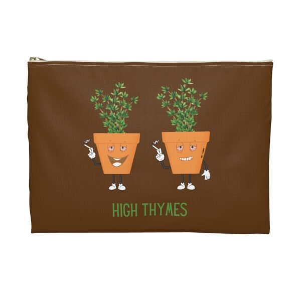 This high thymes accessory pouch features two thyme plants smoking joints with 'High Thymes' written below in green
