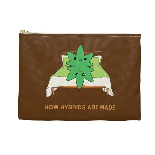Back, Small, White zipper (1) This how hybrids are made accessory pouch features two weed leaves laying in bed on top of each other with "How Hybrids Are Made" written below