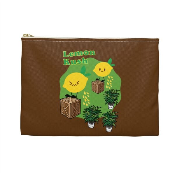 This Lemon Kush accessory pouch features two weed leaves two lemons standing on boxes squirting lemon juice on weed plants like they are peeing on them. "Lemon Kush is written above the lemons with a green background.