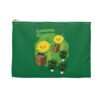 This Lemon Kush accessory pouch features two weed leaves two lemons standing on boxes squirting lemon juice on weed plants like they are peeing on them. "Lemon Kush is written above the lemons with a green background.