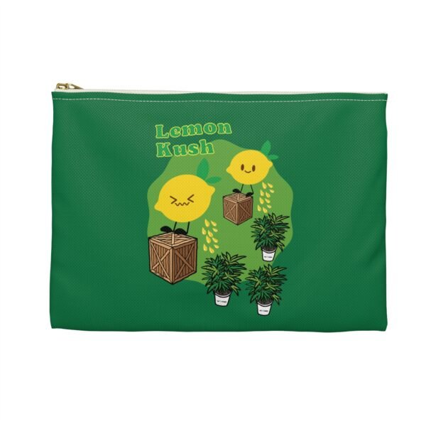 This Lemon Kush accessory pouch features two weed leaves two lemons standing on boxes squirting lemon juice on weed plants like they are peeing on them. "Lemon Kush is written above the lemons with a green background.