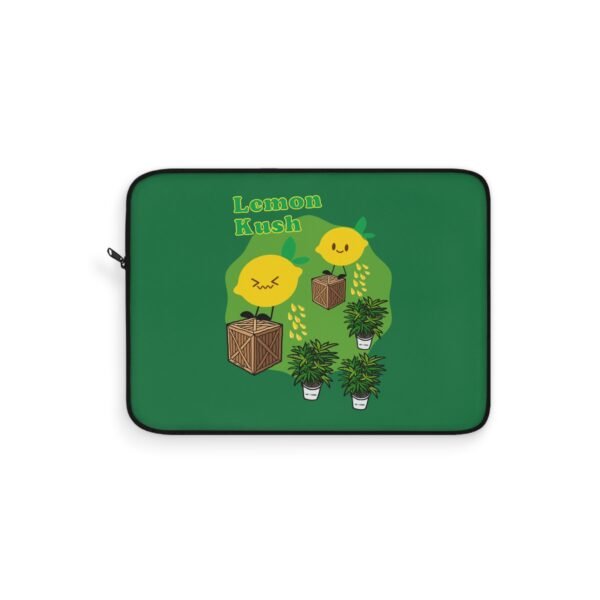 This Lemon Kush laptop sleeve features two weed leaves two lemons standing on boxes squirting lemon juice on weed plants like they are peeing on them. "Lemon Kush is written above the lemons with a green background.