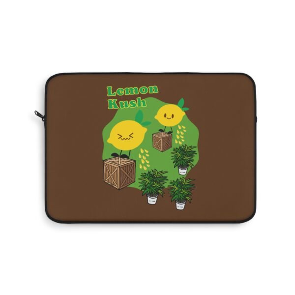 This Lemon Kush laptop sleeve features two weed leaves two lemons standing on boxes squirting lemon juice on weed plants like they are peeing on them. "Lemon Kush is written above the lemons with a green background.