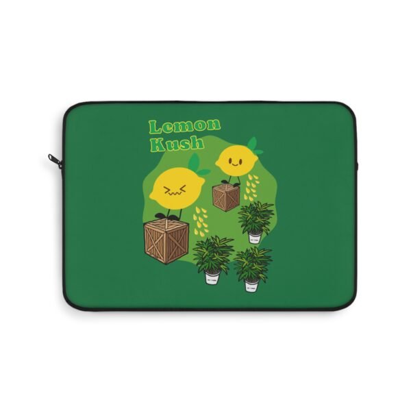 This Lemon Kush laptop sleeve features two weed leaves two lemons standing on boxes squirting lemon juice on weed plants like they are peeing on them. "Lemon Kush is written above the lemons with a green background.
