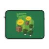 This Lemon Kush laptop sleeve features two weed leaves two lemons standing on boxes squirting lemon juice on weed plants like they are peeing on them. "Lemon Kush is written above the lemons with a green background.