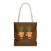 This high thymes tote bag features two thyme plants smoking joints with 'High Thymes' written below in green