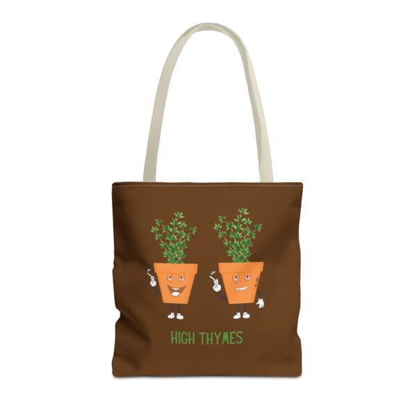 This high thymes tote bag features two thyme plants smoking joints with 'High Thymes' written below in green