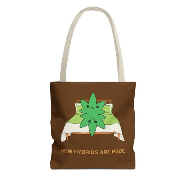 This how hybrids are made tote bag features two weed leaves laying in bed on top of each other with "How Hybrids Are Made" written below