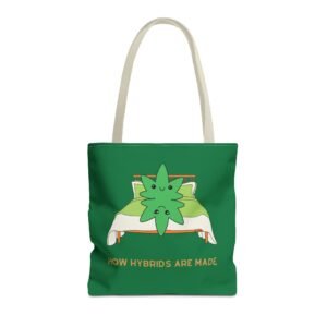This how hybrids are made tote bag features two weed leaves laying in bed on top of each other with "How Hybrids Are Made" written below