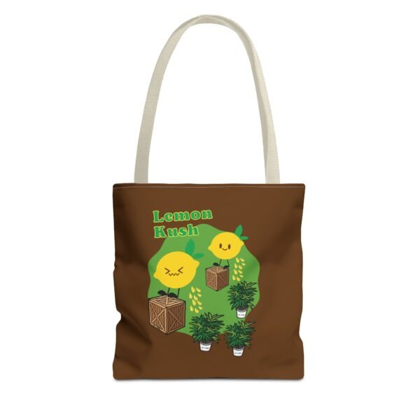 This Lemon Kush tote bag features two weed leaves two lemons standing on boxes squirting lemon juice on weed plants like they are peeing on them. "Lemon Kush is written above the lemons with a green background.