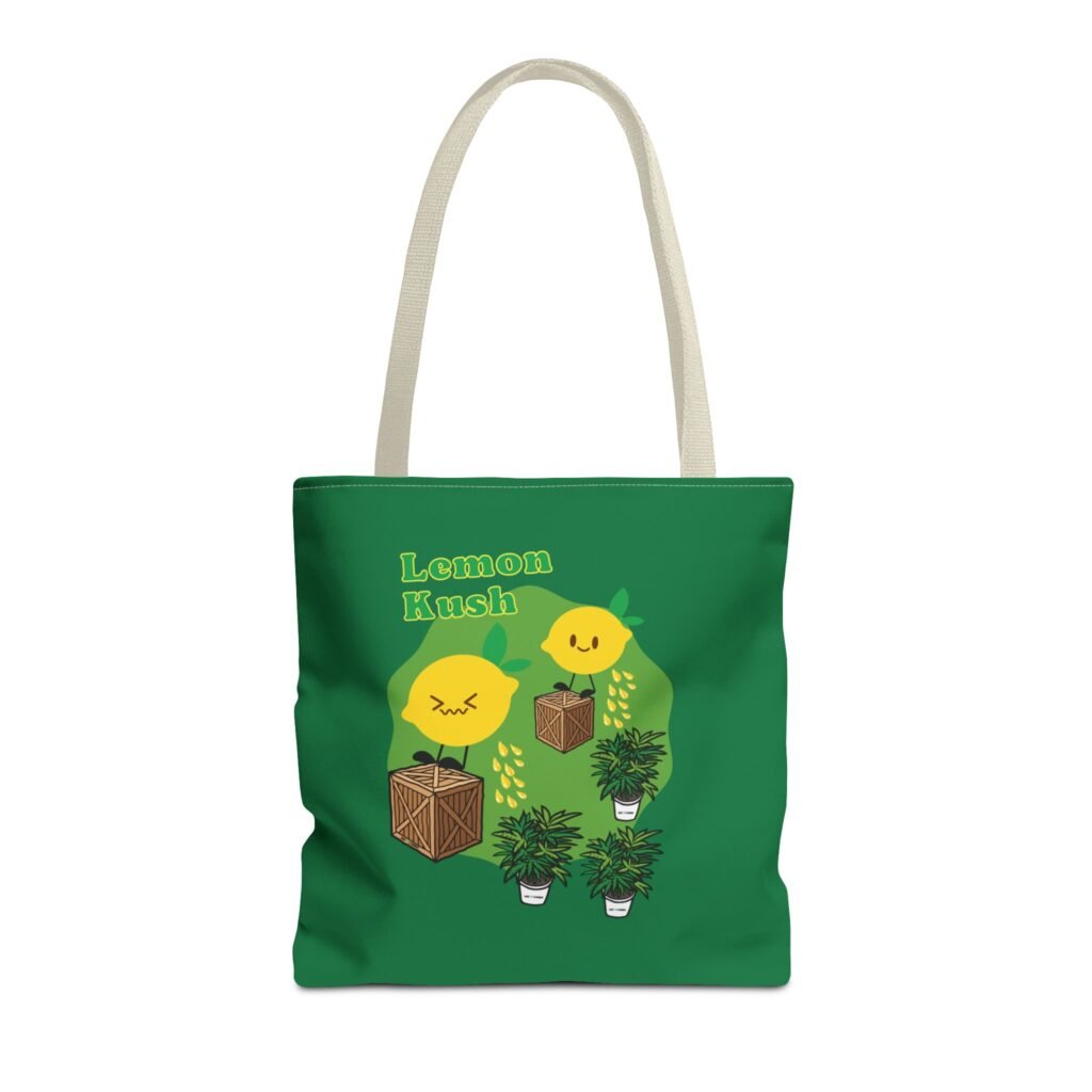 This Lemon Kush tote bag features two weed leaves two lemons standing on boxes squirting lemon juice on weed plants like they are peeing on them. "Lemon Kush is written above the lemons with a green background.