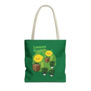 This Lemon Kush tote bag features two weed leaves two lemons standing on boxes squirting lemon juice on weed plants like they are peeing on them. "Lemon Kush is written above the lemons with a green background.