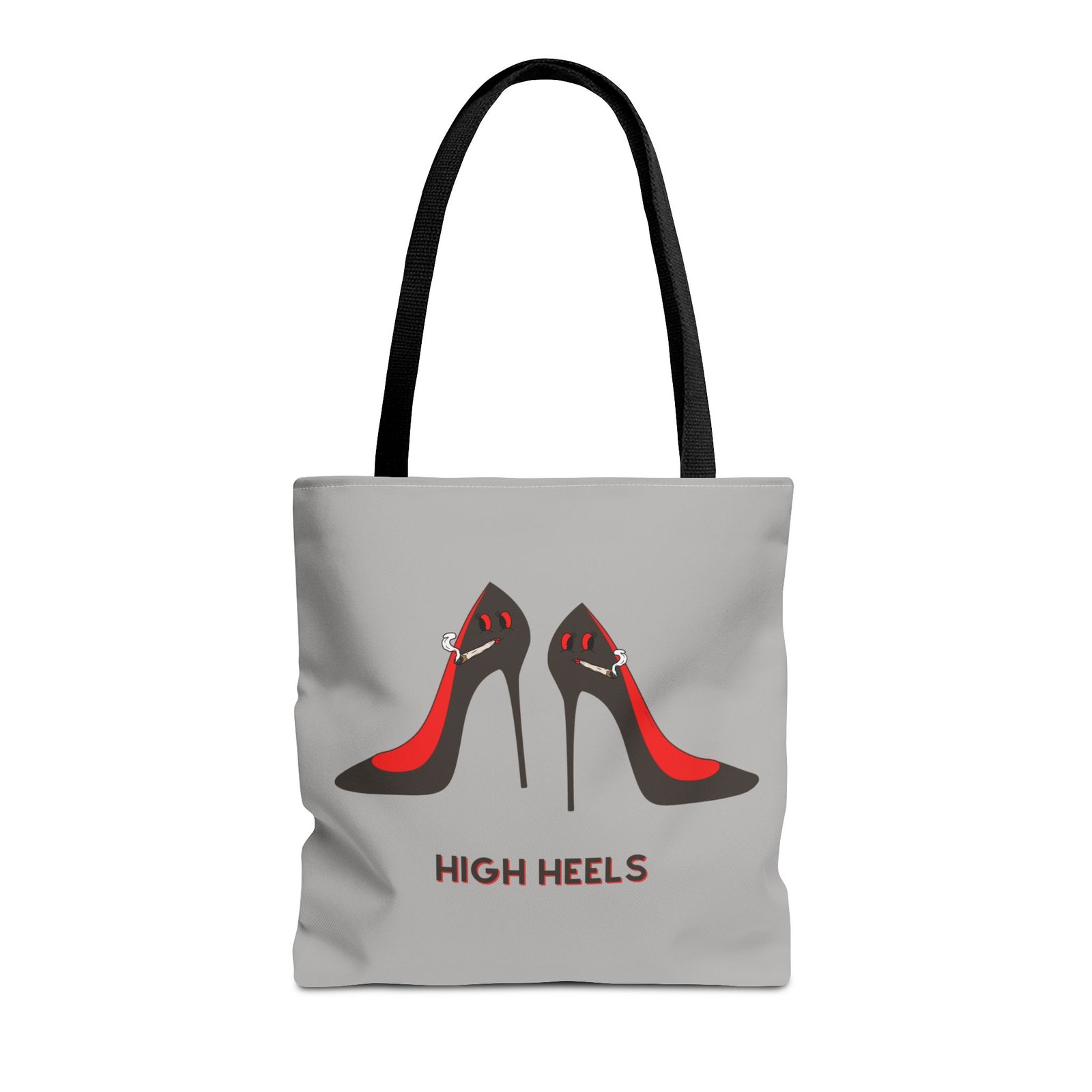 This high heels Tote Bag features two grey high heels smoking joints with 'High Heels' written below in red.