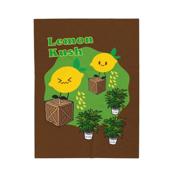 This Lemon Kush blanket features two weed leaves two lemons standing on boxes squirting lemon juice on weed plants like they are peeing on them. "Lemon Kush is written above the lemons with a green background.