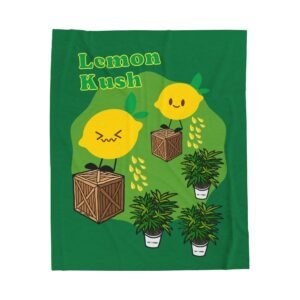 This Lemon Kush blanket features two weed leaves two lemons standing on boxes squirting lemon juice on weed plants like they are peeing on them. "Lemon Kush is written above the lemons with a green background.