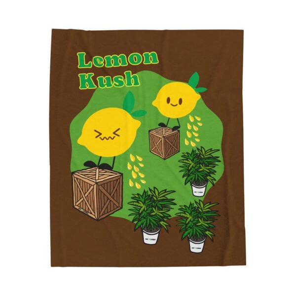 This Lemon Kush blanket features two weed leaves two lemons standing on boxes squirting lemon juice on weed plants like they are peeing on them. "Lemon Kush is written above the lemons with a green background.