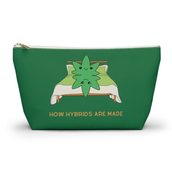 This how hybrids are made accessory pouch t-bag features two weed leaves laying in bed on top of each other with "How Hybrids Are Made" written below