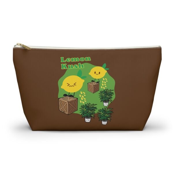 This Lemon Kush accessory pouch t-bag features two weed leaves two lemons standing on boxes squirting lemon juice on weed plants like they are peeing on them. "Lemon Kush is written above the lemons with a green background.