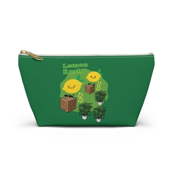 This Lemon Kush accessory pouch t-bag features two weed leaves two lemons standing on boxes squirting lemon juice on weed plants like they are peeing on them. "Lemon Kush is written above the lemons with a green background.