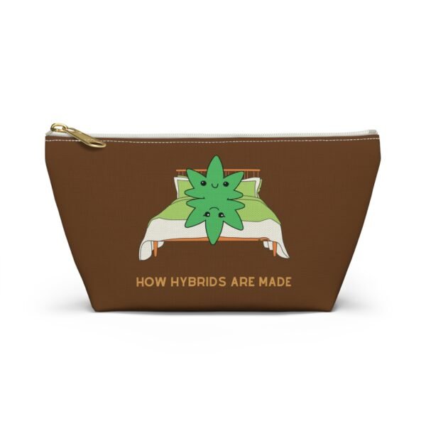 This how hybrids are made accessory pouch t-bag features two weed leaves laying in bed on top of each other with "How Hybrids Are Made" written below