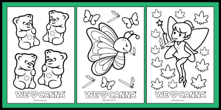 Does Coloring Really Help With Mental Health And Stress? 1 a picture with 3 coloring pages on it one with gummy bears with weed leafs on their tummies. the second with a butterfly smoking a joint and the third is a fairy with weed leafs around her.